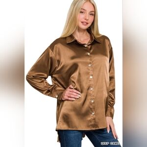 Zenana Satin Button Down Long Sleeve Shirt